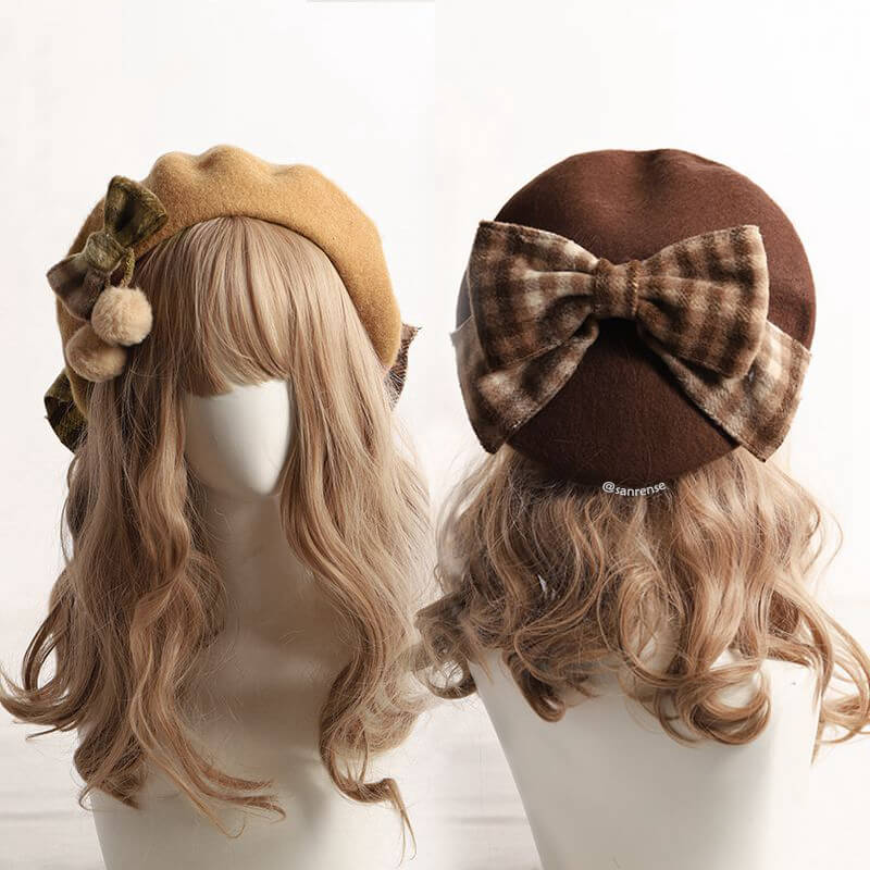 Retro Plaid Bow Beret Cap SE22939