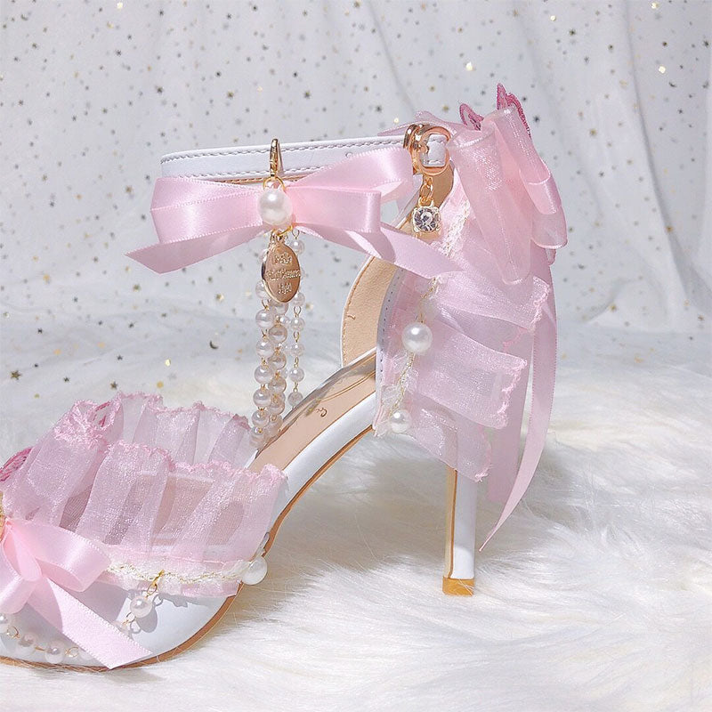 Pink Butterfly Lace Bow Heels Shoes SE23067