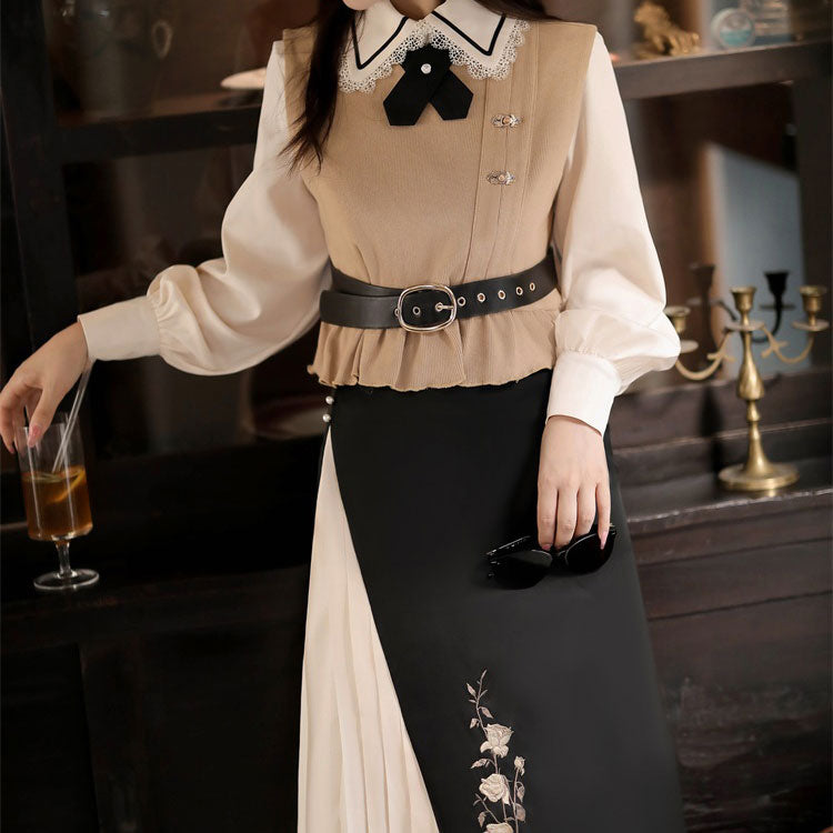 Lace Bow Blouse Floral Skirt Set SE22748