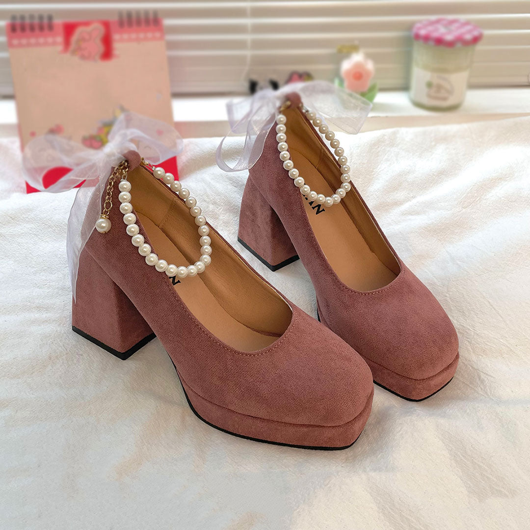 Bow Beaded Chunky Heels Shoes SE23134