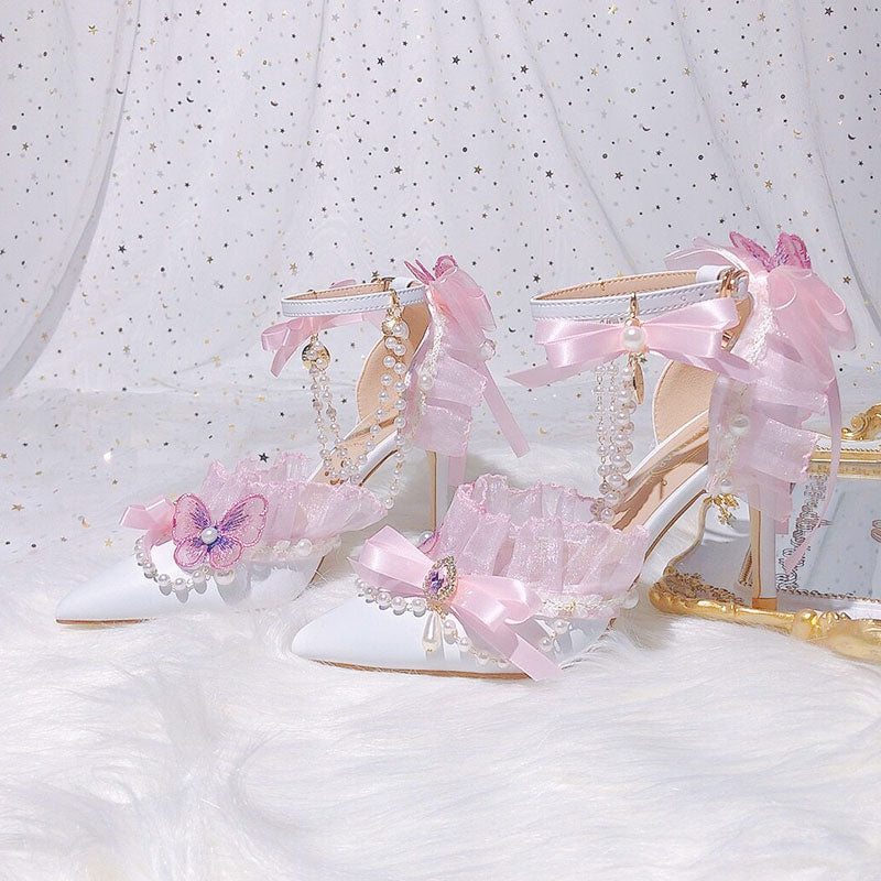Pink Butterfly Lace Bow Heels Shoes SE23067
