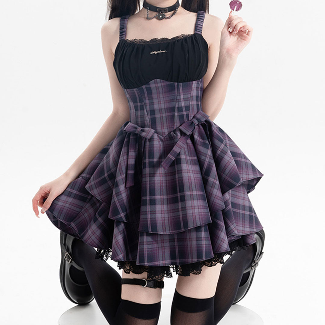 Lace Bow Purple Plaid Dress Set SE22787