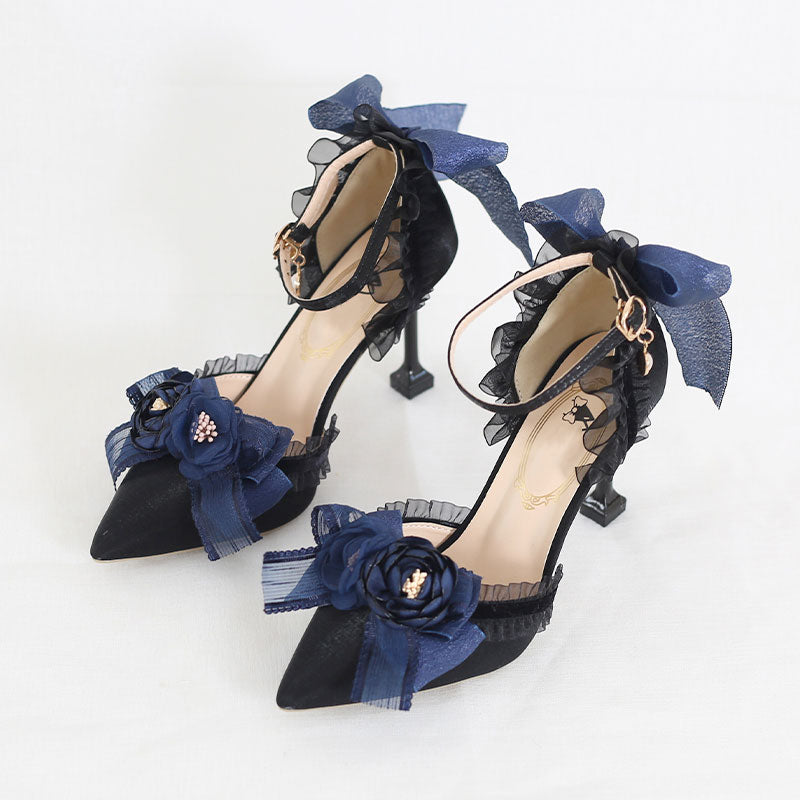 Lace Flower Bow Heels Shoes SE23085