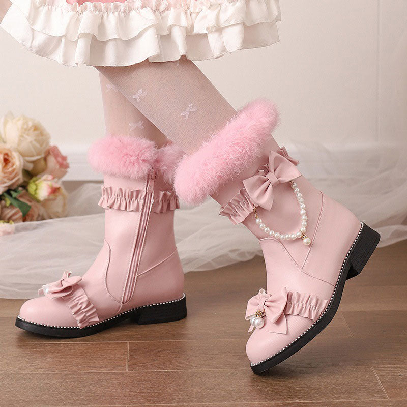 Beaded Bow Flat Boots SE22929