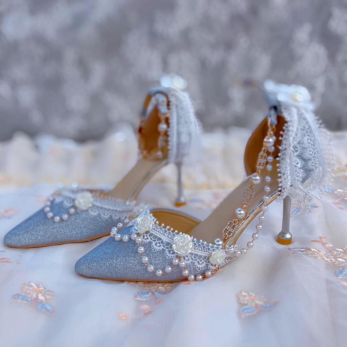Beaded Floral Lace Heels Shoes SE23406