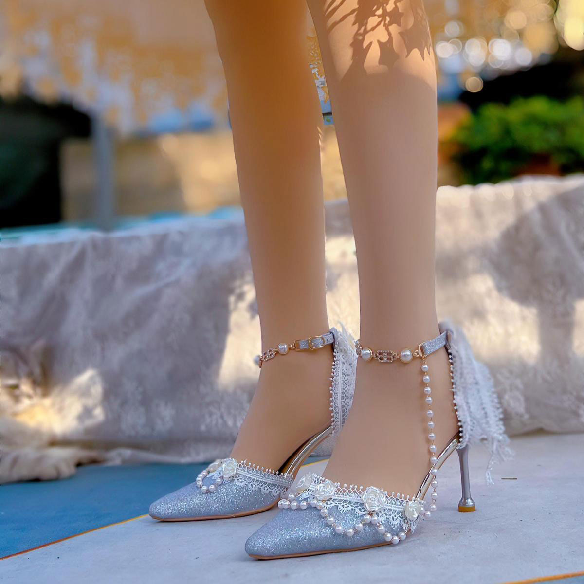 Beaded Floral Lace Heels Shoes SE23406