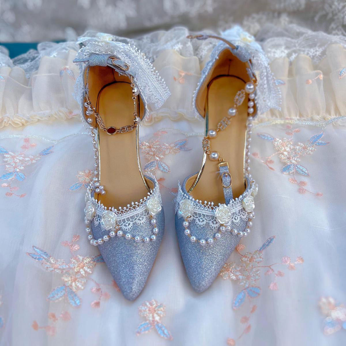 Beaded Floral Lace Heels Shoes SE23406