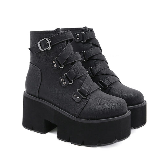 Black Buckle Strap Platform Combat Boots SE23564