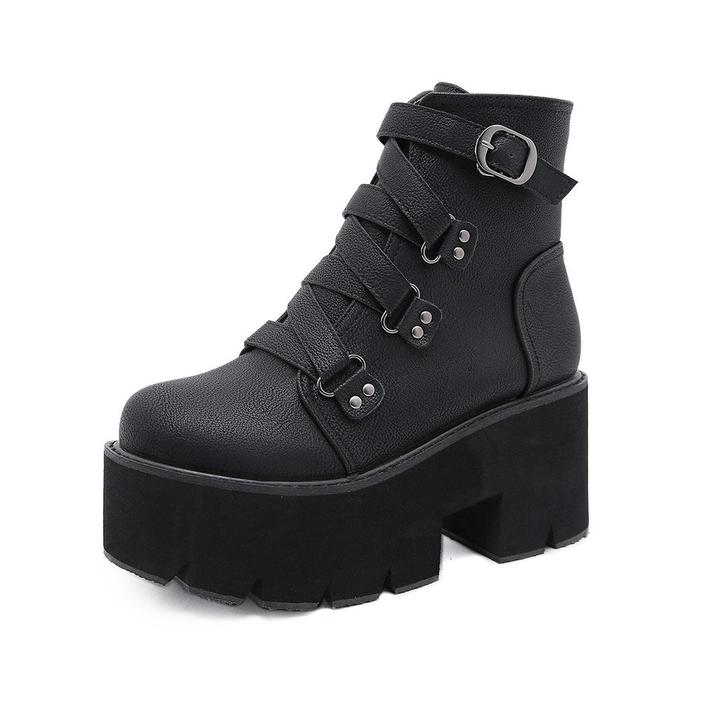 Black Buckle Strap Platform Combat Boots SE23564