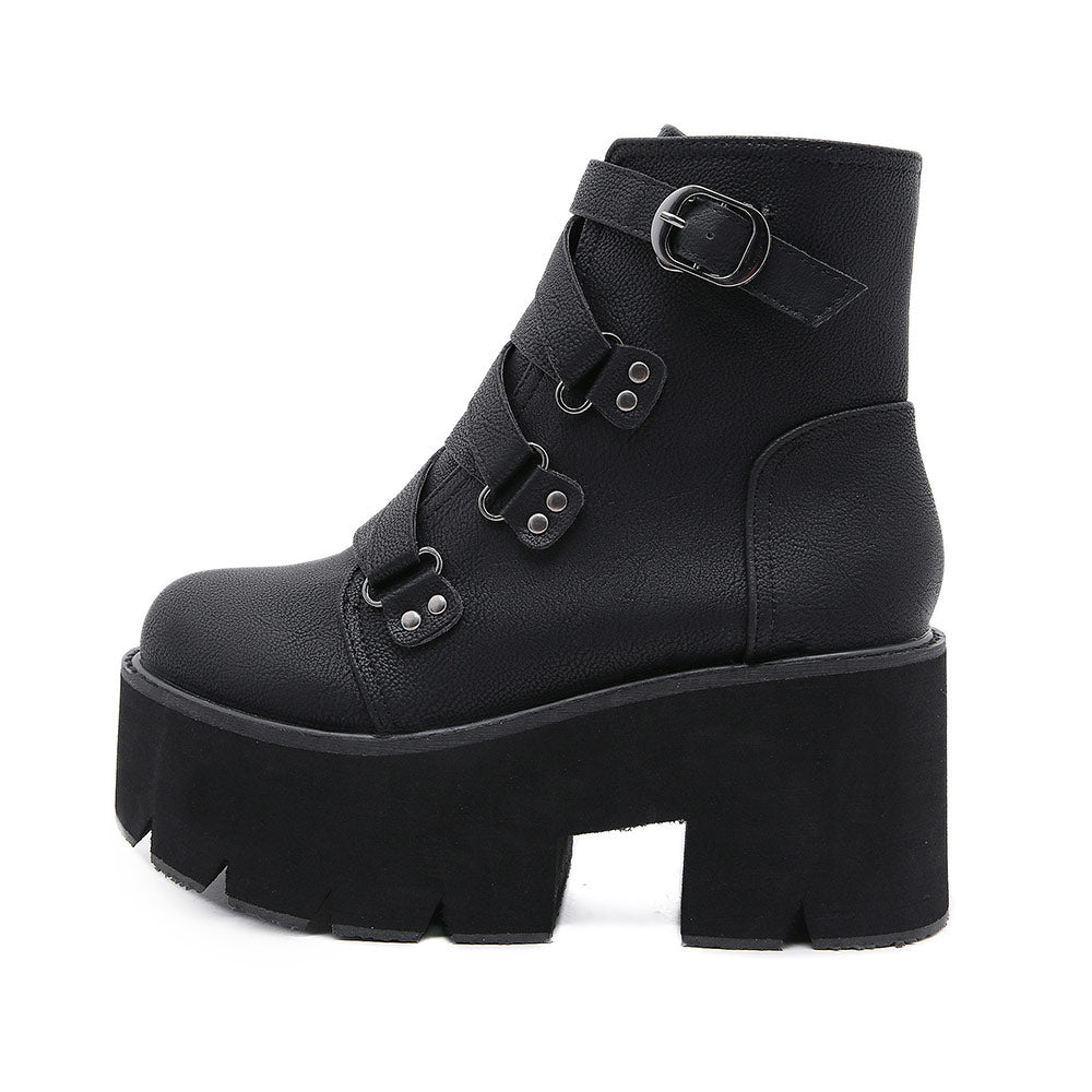 Black Buckle Strap Platform Combat Boots SE23564