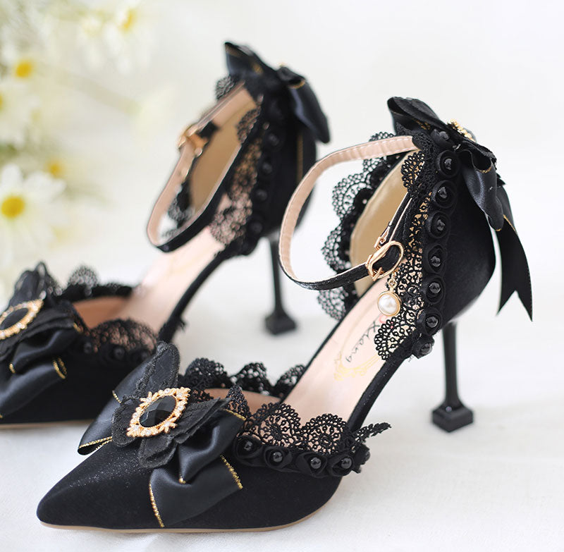 Black Butterfly Lace Bow Heels SE23437