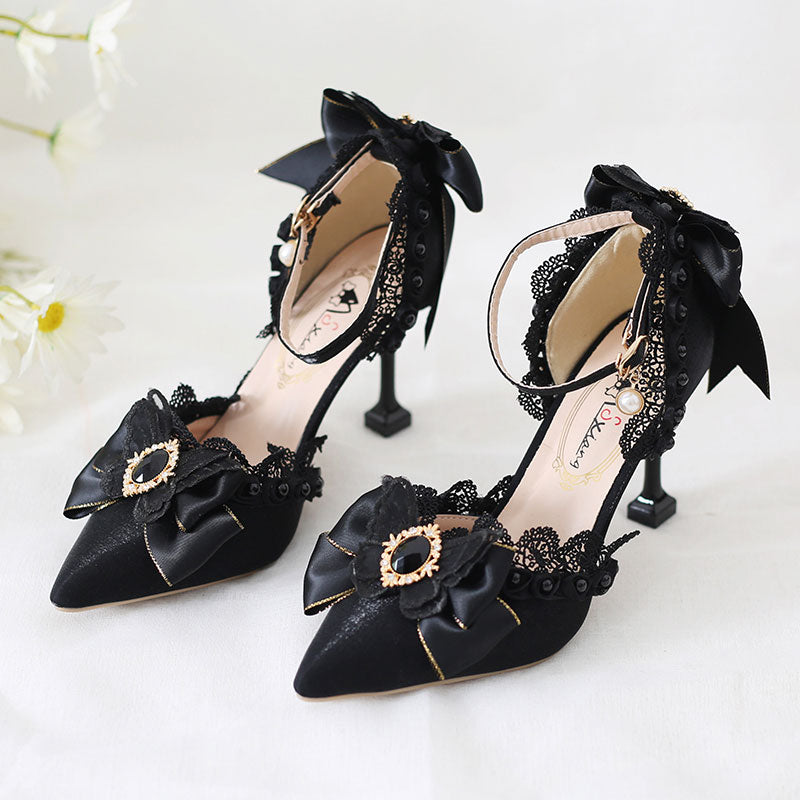 Black Butterfly Lace Bow Heels SE23437