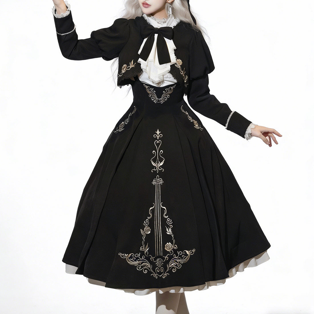 Black Gothic Lolita Dress with Violin Embroidery SE23860