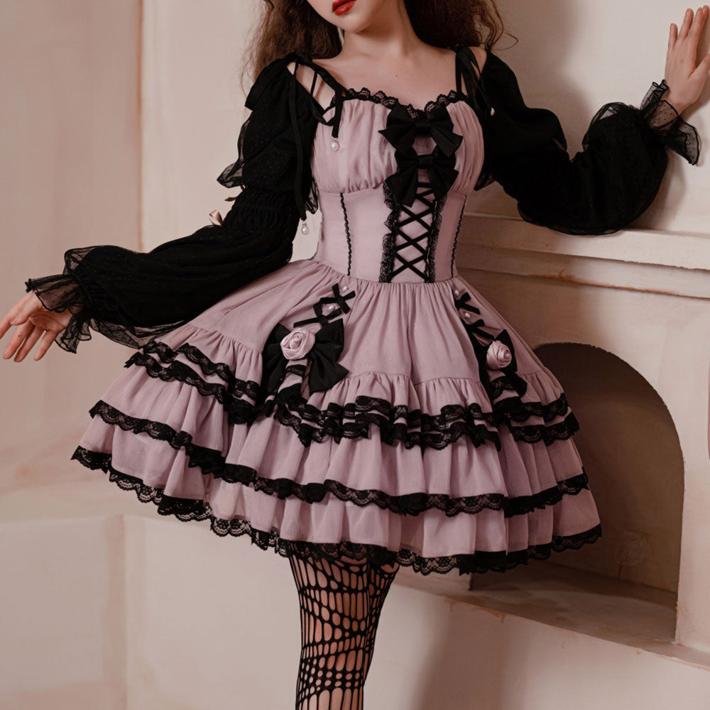 Black Lace Bow Rose Flower Dress SE22831