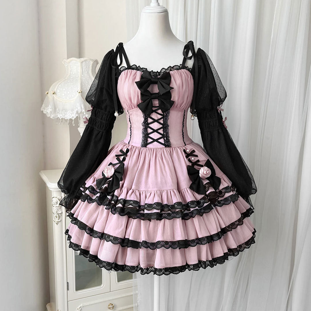 Black Lace Bow Rose Flower Dress SE22831