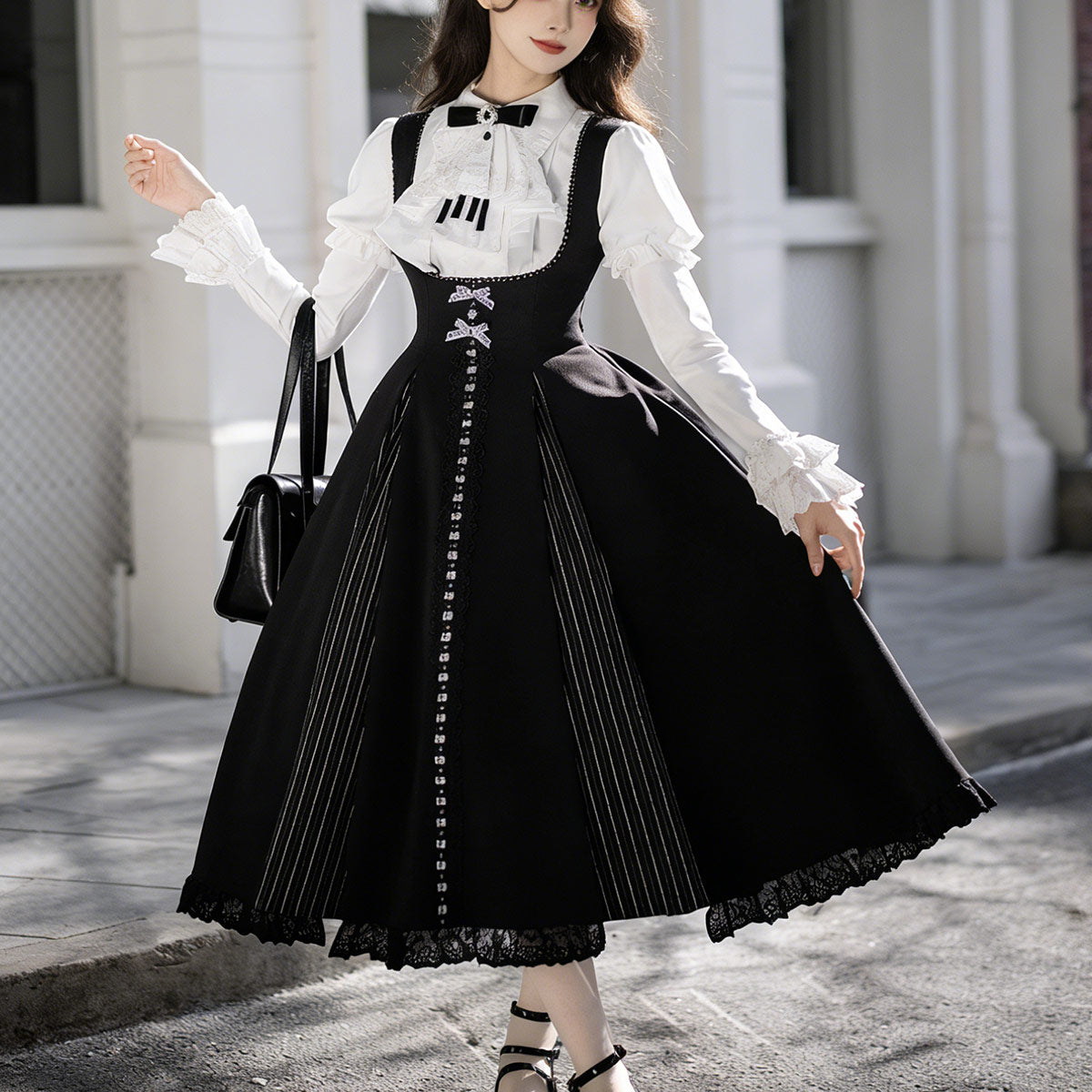 Black Lolita Dress with White Ruffled Blouse SE23892