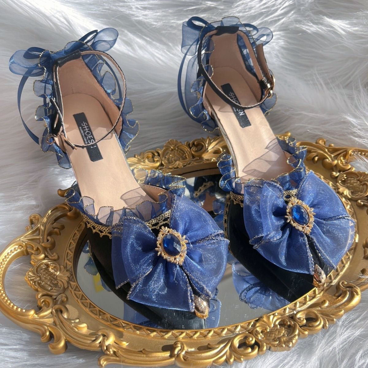 Blue Bow Lace Heels Shoes SE23525