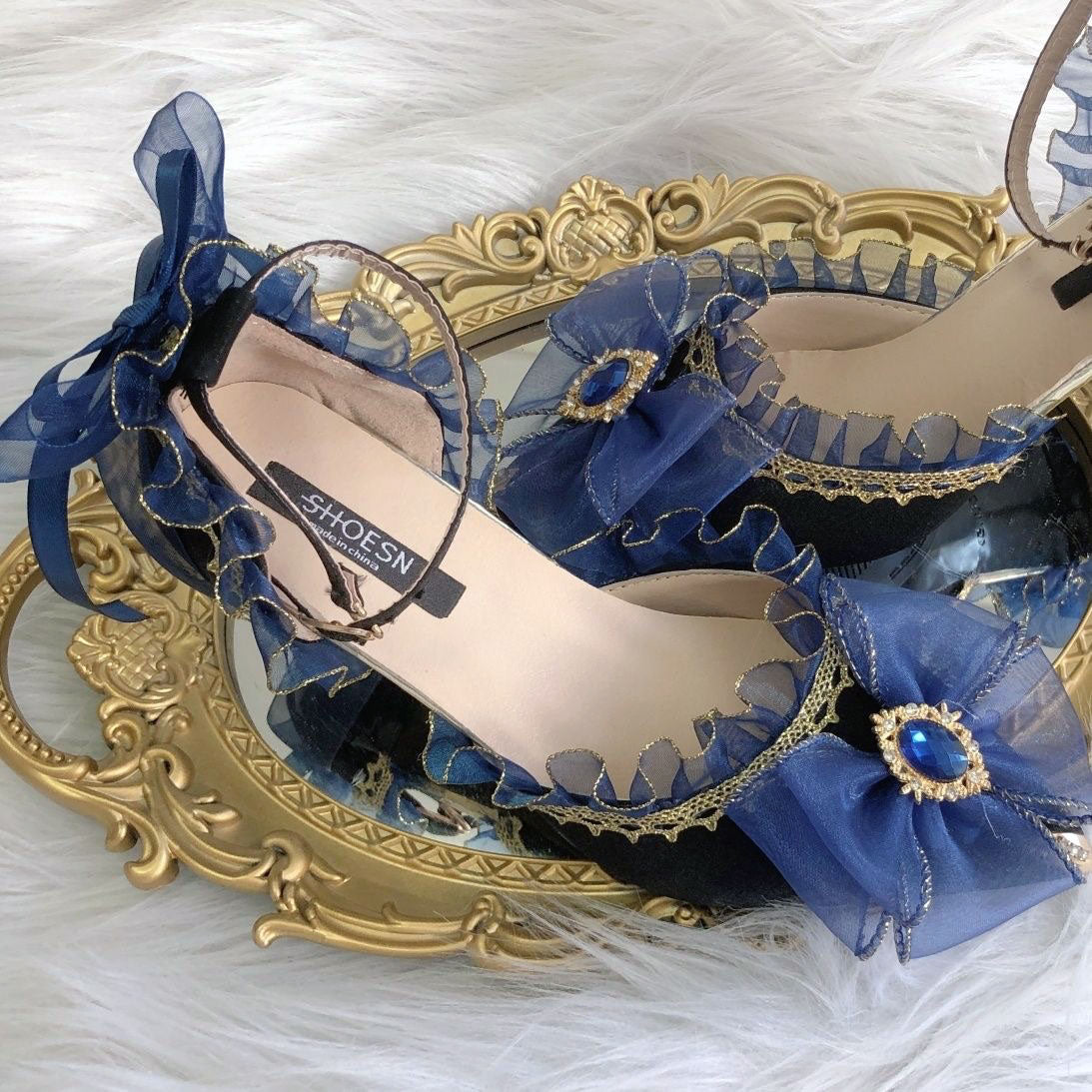 Blue Bow Lace Heels Shoes SE23525