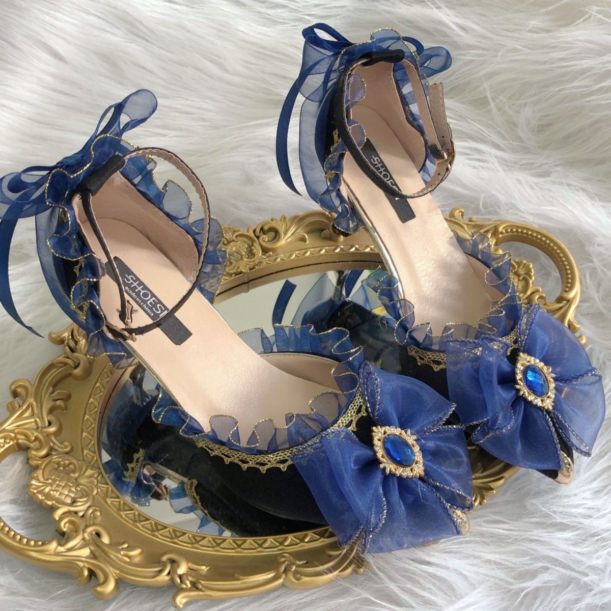 Blue Bow Lace Heels Shoes SE23525