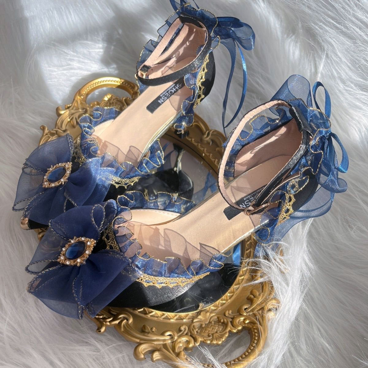 Blue Bow Lace Heels Shoes SE23525