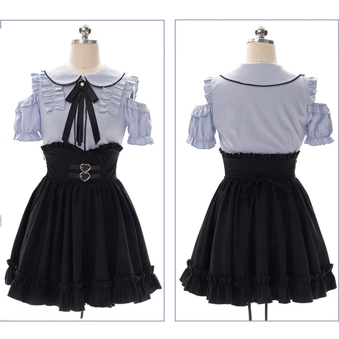 Bow Off Shoulder Blouse Black Skirt Set SE22839