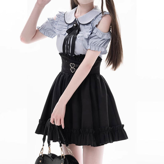 Bow Off Shoulder Blouse Black Skirt Set SE22839