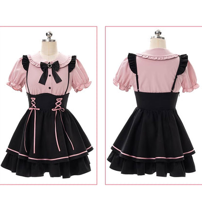 Bow Pink Shirt Ribbon Black Skirt Set SE22840