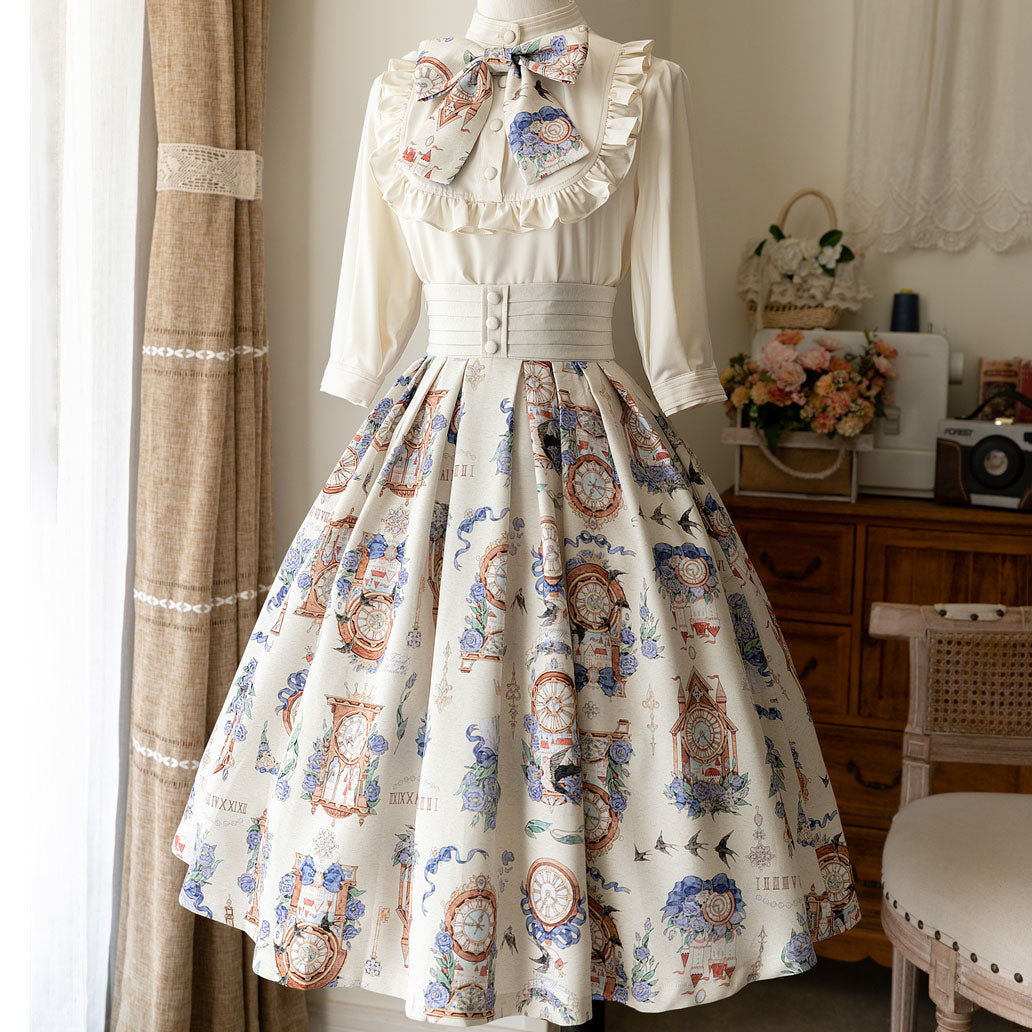 Elegant Clock Flower Skirt Bow Blouse Set SE22734