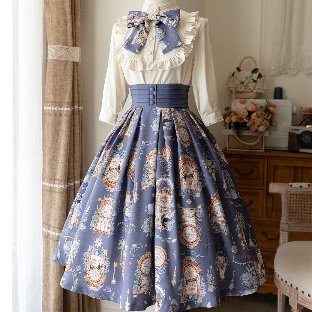 Elegant Clock Flower Skirt Bow Blouse Set SE22734