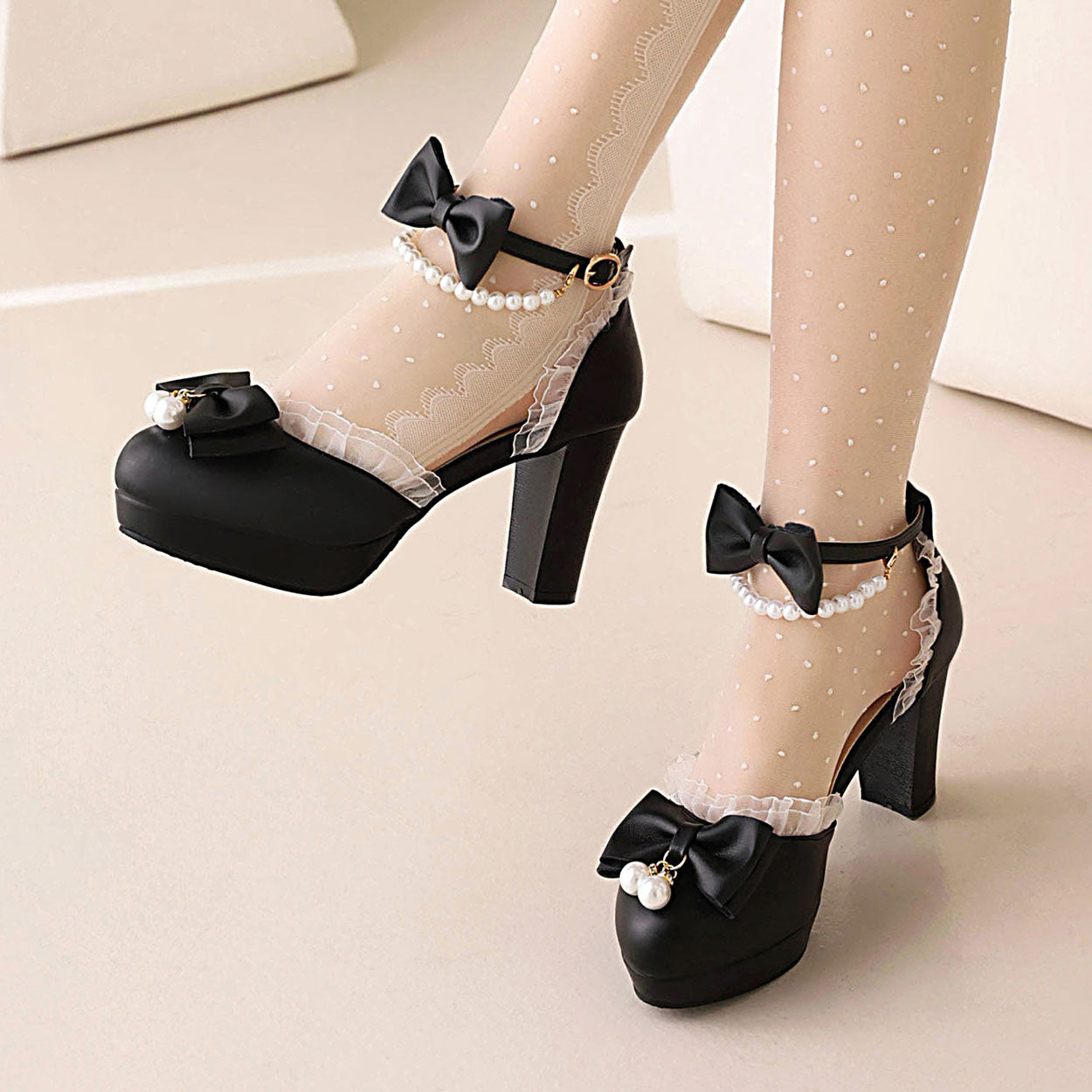 Elegant Lace Bowknot Pearl Heels SE23341