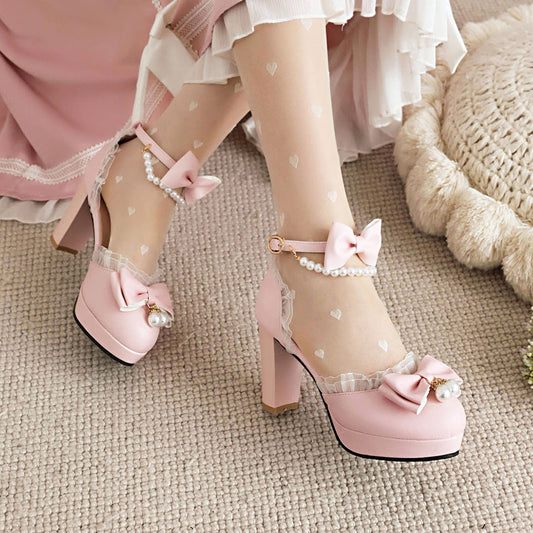 Elegant Lace Bowknot Pearl Heels SE23341