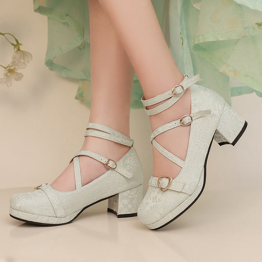 Elegant Pink Floral Lace Heels with Heart Buckles SE23535