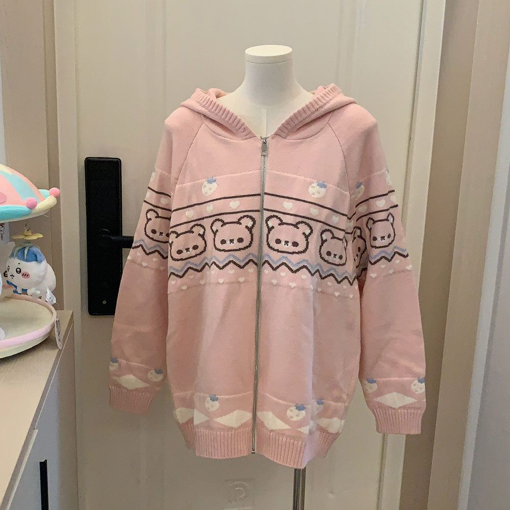 Embroidered Bear Strawberry Sweater Hoodie Coat SE23641