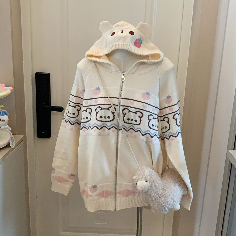Embroidered Bear Strawberry Sweater Hoodie Coat SE23641