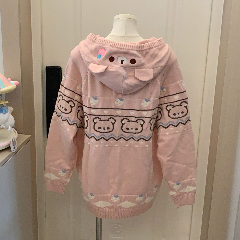 Embroidered Bear Strawberry Sweater Hoodie Coat SE23641