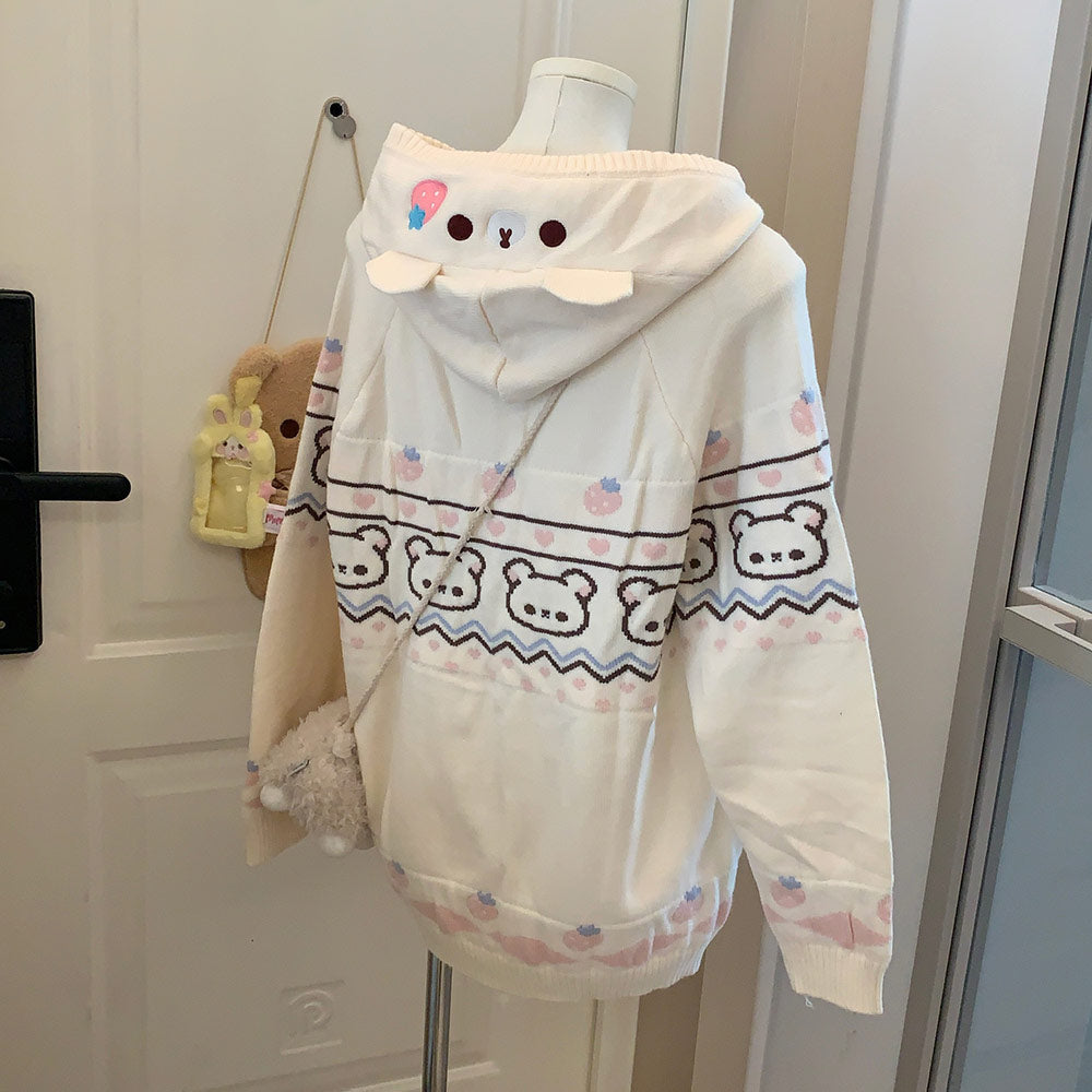 Embroidered Bear Strawberry Sweater Hoodie Coat SE23641