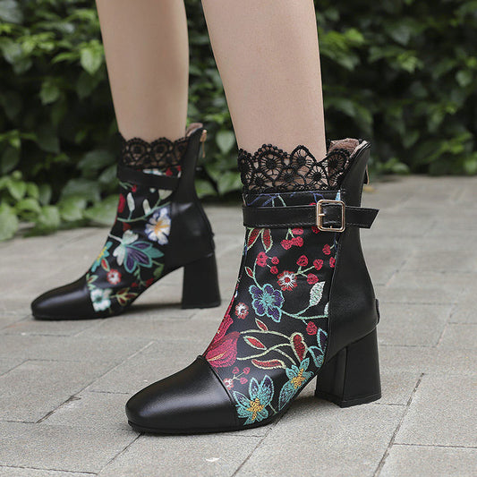Floral Lace Chunky Heel Boots SE22966