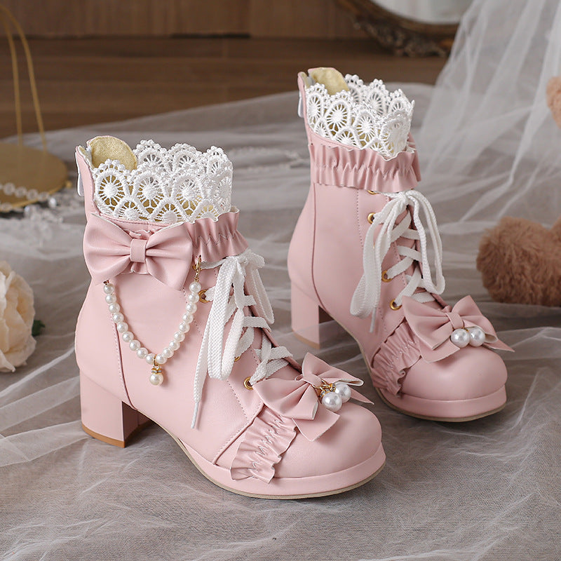 Flower Bow Beaded Chunky Heel Boots SE22915