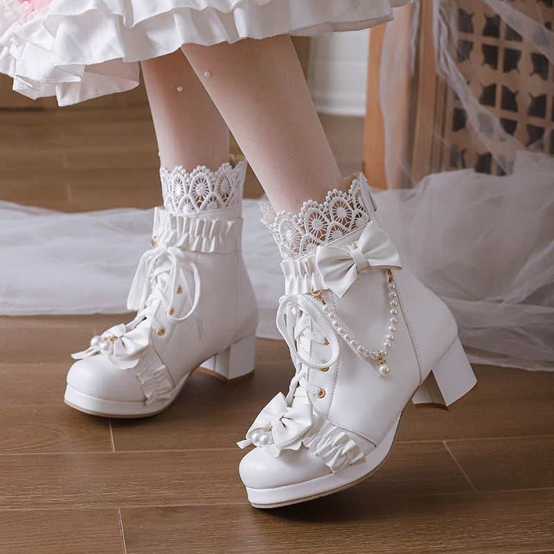 Flower Bow Beaded Chunky Heel Boots SE22915