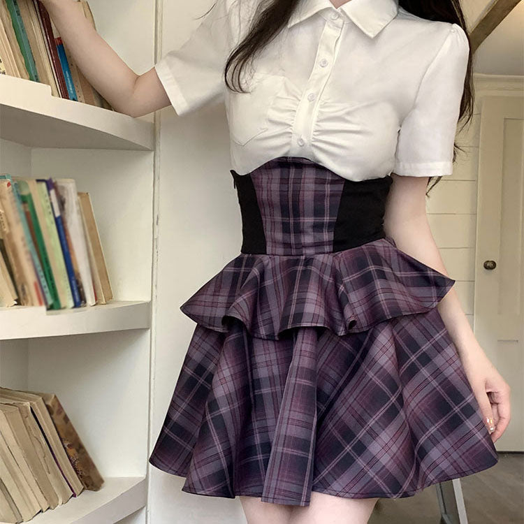 High Waisted Purple Plaid Skirt Set SE22730