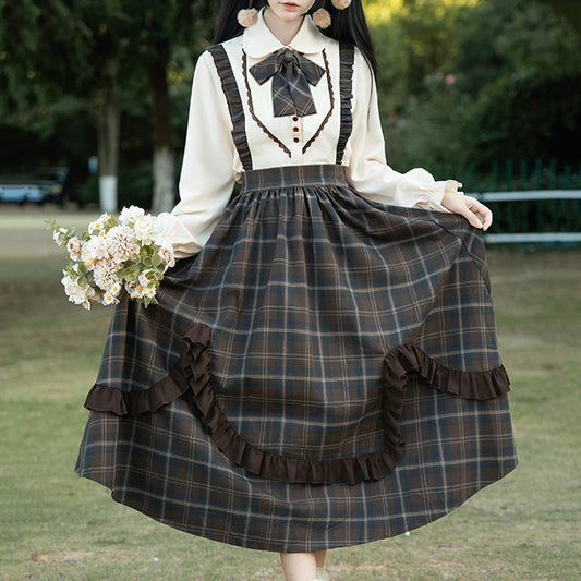 JK Bow Shirt Plaid Skirt Set SE23724