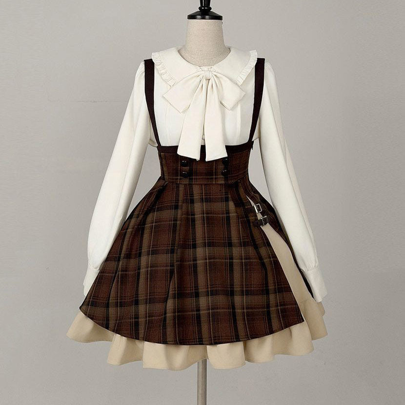 Kawaii Plaid Suspender Skirt Set with Bow Blouse SE23942