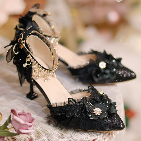 Lace Black Flower Heels Shoes SE23358