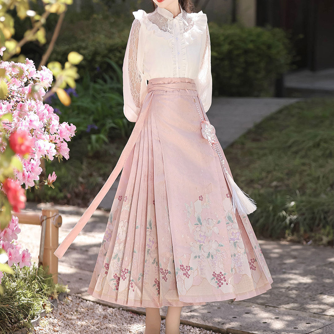 Lace Blouse Fringe Flower Skirt Set SE23264