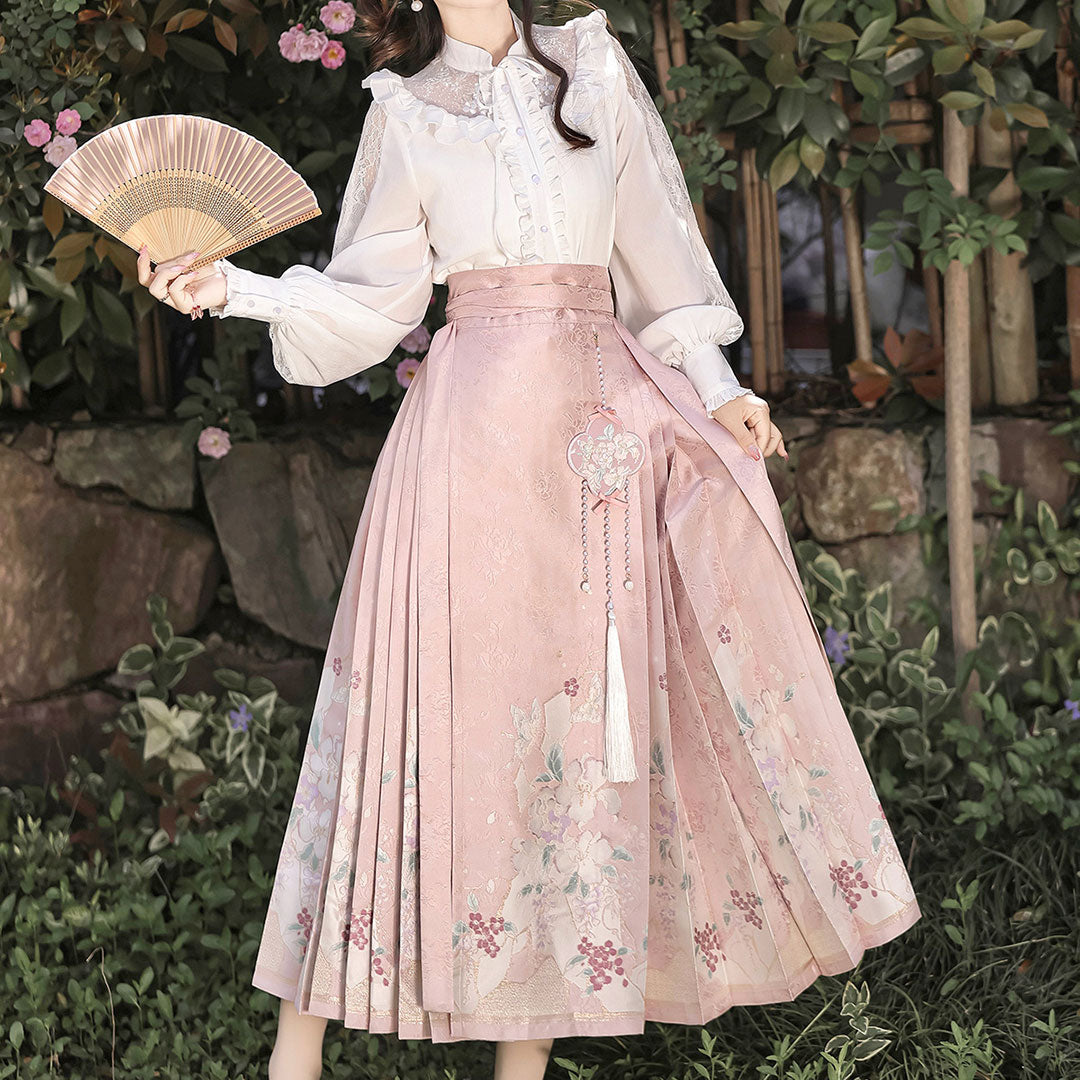 Lace Blouse Fringe Flower Skirt Set SE23264
