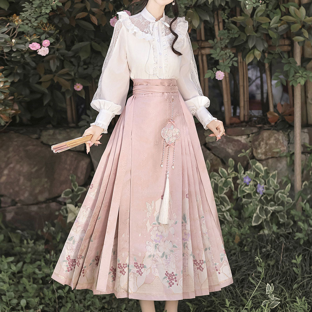 Lace Blouse Fringe Flower Skirt Set SE23264