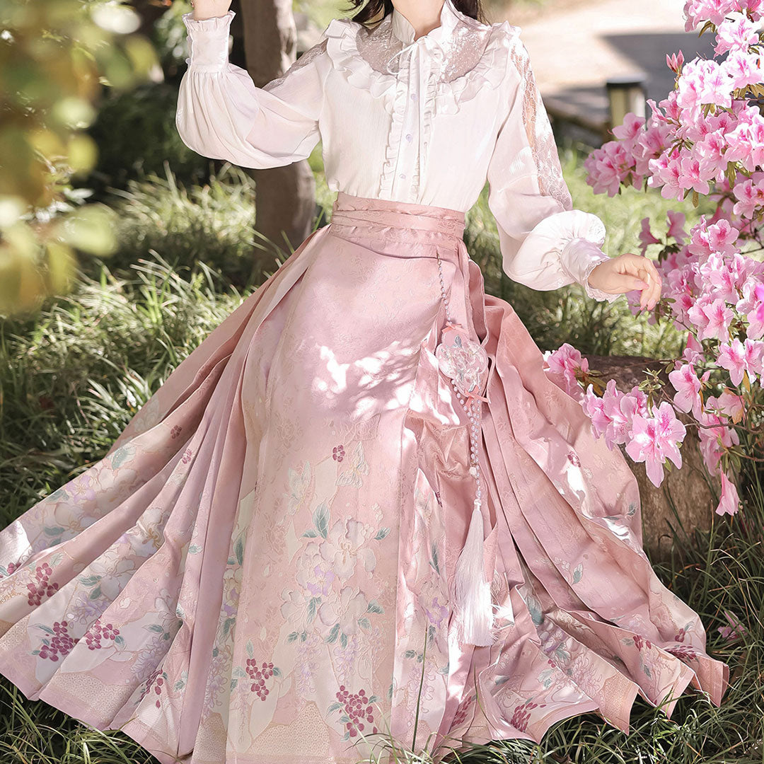 Lace Blouse Fringe Flower Skirt Set SE23264
