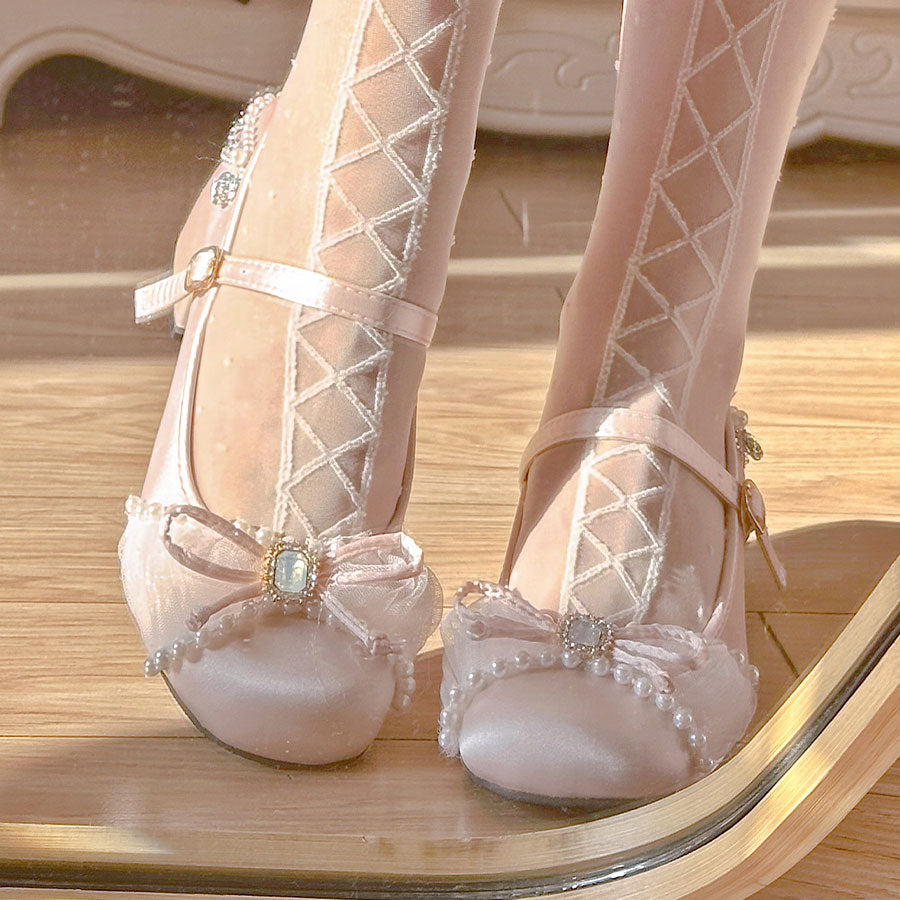 Lace Bow Beaded Heels Shoes SE23431