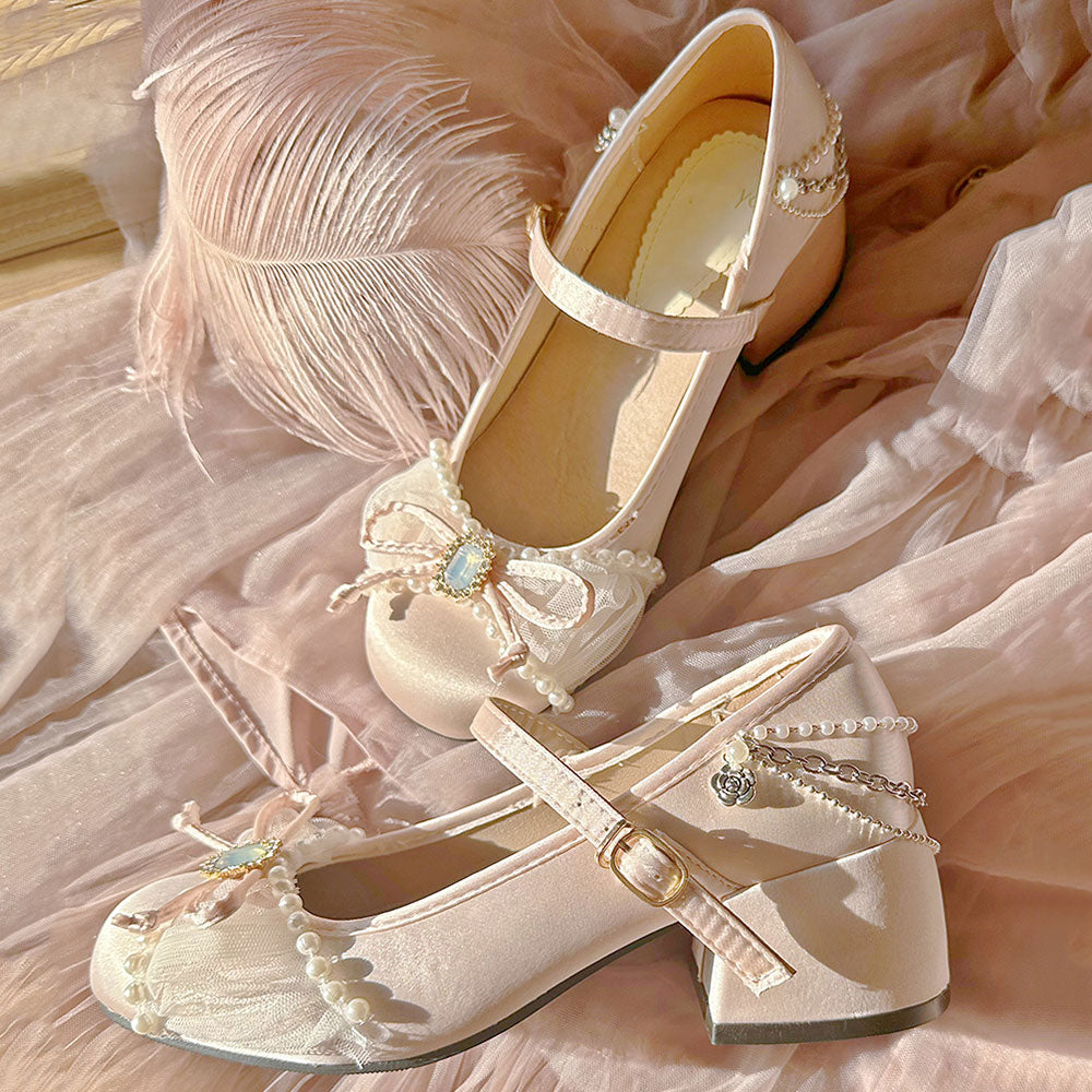 Lace Bow Beaded Heels Shoes SE23431