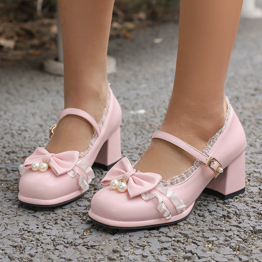 Lace Bow Buckle Heel Shoes SE23219